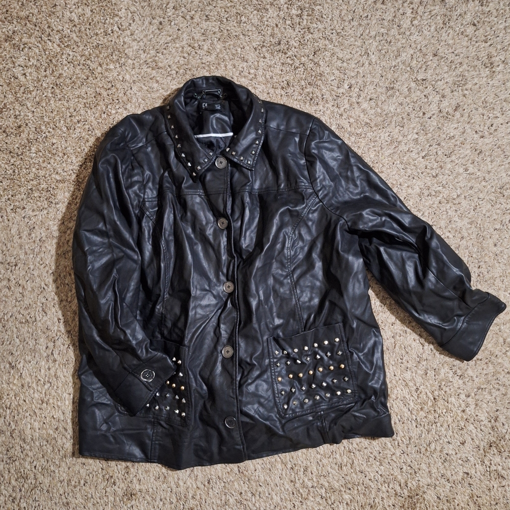 Dennis Basso Black Studded Bikercore Motorcycle Faux Leather Jacket Women's 3X